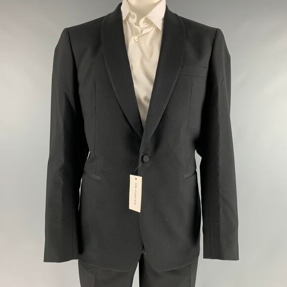 MR P. Size 46 Black Solid Wool Shawl Collar Tuxedo - Picture 1 of 11